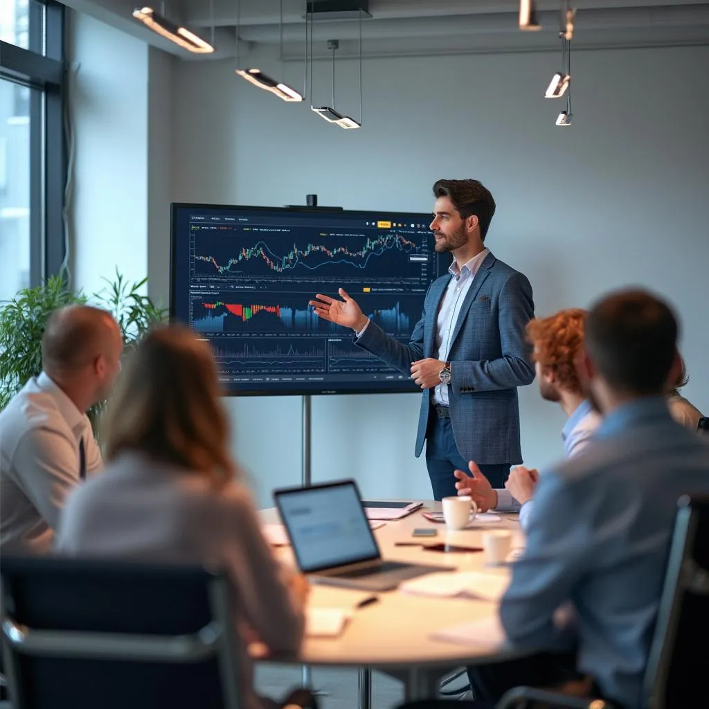 Consultor financiero presentando análisis a cliente
